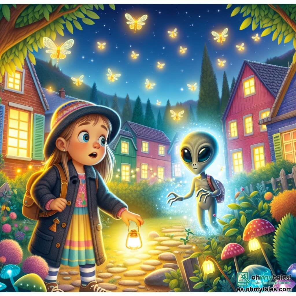 Une illustration destinée aux enfants représentant une fillette curieuse découvrant un mystérieux extraterrestre dans un bosquet enchanté, entourés de lucioles lumineuses, dans un petit village aux maisons colorées et aux rues pavées de Villa Arcoíris.