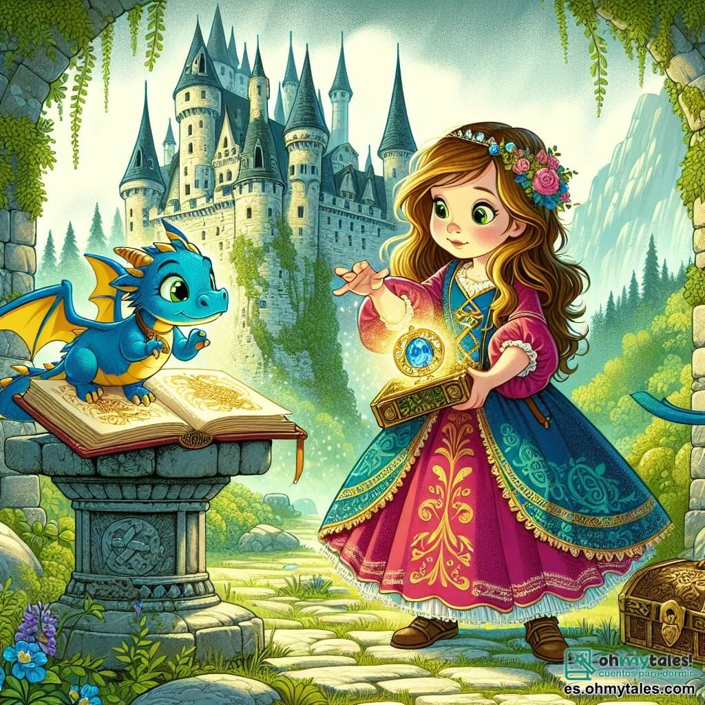 Une illustration sous forme de dessin destinée aux enfants représentant un ancien château en ruines, entouré d'une forêt verdoyante et mystérieuse, où une jeune fille aux cheveux longs et ondulés, vêtue d'une robe colorée, tient un amuleto brillant dans sa main, tandis qu'à ses côtés, un petit dragon bleu aux écailles scintillantes et aux yeux pétillants l'observe avec curiosité, alors qu'ils découvrent ensemble un ancien livre de magie posé sur un piédestal en pierre, illuminé par une douce lumière dorée, évoquant un moment de découverte et d'aventure magique.