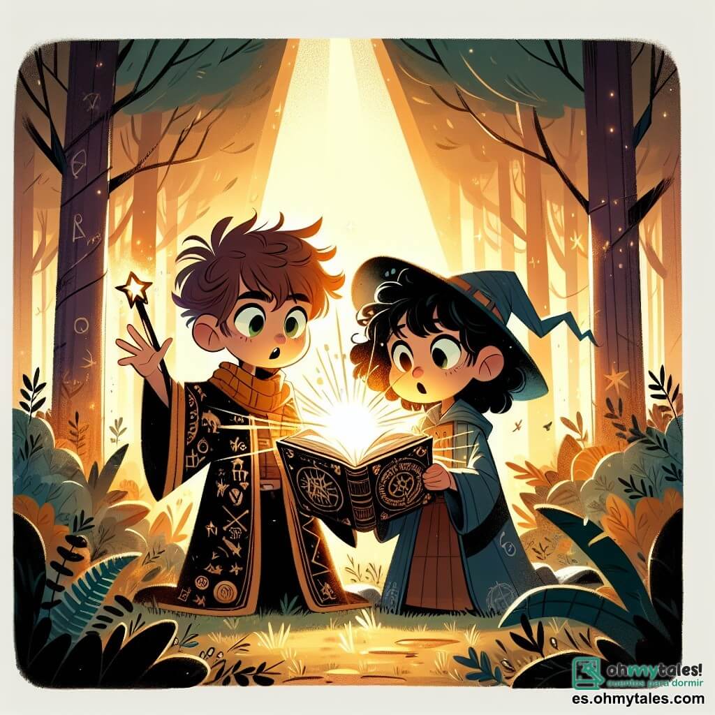 Une illustration sous forme de dessin destinée aux enfants représentant un clair de forêt magique, baigné par la lumière dorée du soleil couchant, où un jeune garçon aux cheveux en désordre et aux yeux verts brillants, vêtu d'une robe d'apprenti sorcier ornée de symboles mystiques, tient un ancien livre de magie ouvert, entouré de sa meilleure amie, une fille aux cheveux noirs et bouclés, qui brandit une petite baguette magique avec détermination, alors qu'ils se préparent à invoquer une lumière éclatante pour repousser les ombres menaçantes qui les entourent, créant une atmosphère d'aventure et de mystère.