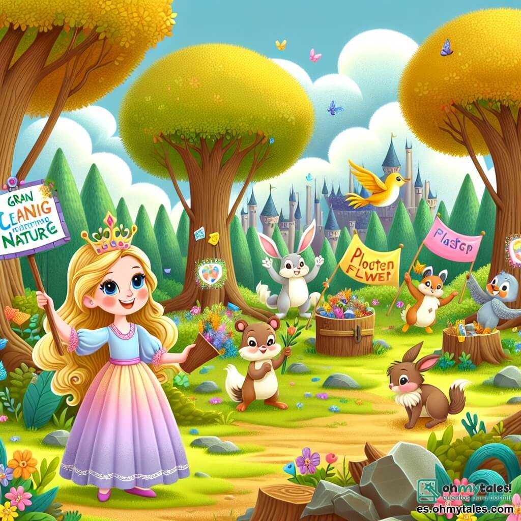 Une illustration sous forme de dessin destinée aux enfants représentant un magnifique clairière enchantée, entourée d'arbres majestueux aux feuilles dorées et de fleurs colorées, où une jeune fille aux longs cheveux dorés, vêtue d'une robe pastel, sourit joyeusement en tenant des pancartes colorées sur l'importance de protéger la nature, tandis qu'un groupe d'animaux, dont un petit lapin aux grandes oreilles et un oiseau aux plumes éclatantes, l'entoure en l'aidant à ramasser des déchets et à planter des fleurs, illustrant ainsi la scène d'une grande fête de nettoyage pour sauver leur royaume.
