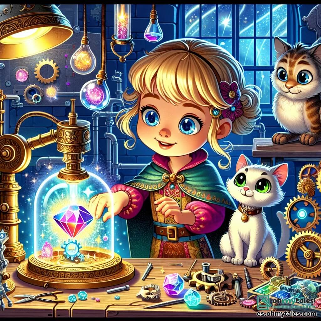 Une illustration sous forme de dessin destinée aux enfants représentant un atelier magique rempli de tubes brillants et d'engrenages, où une fille de 7 ans aux cheveux dorés et aux yeux bleus, vêtue d'une tunique colorée, est en train de manipuler un appareil scintillant qui émet des lumières dansantes, tandis qu'à ses côtés, un petit chat aux yeux sages observe avec curiosité, et un dragon miniature aux écailles chatoyantes les observe avec un sourire amical, tous trois captivés par la découverte d'une mystérieuse gemme qui brille intensément sur la table, symbolisant l'union entre la magie et la science.