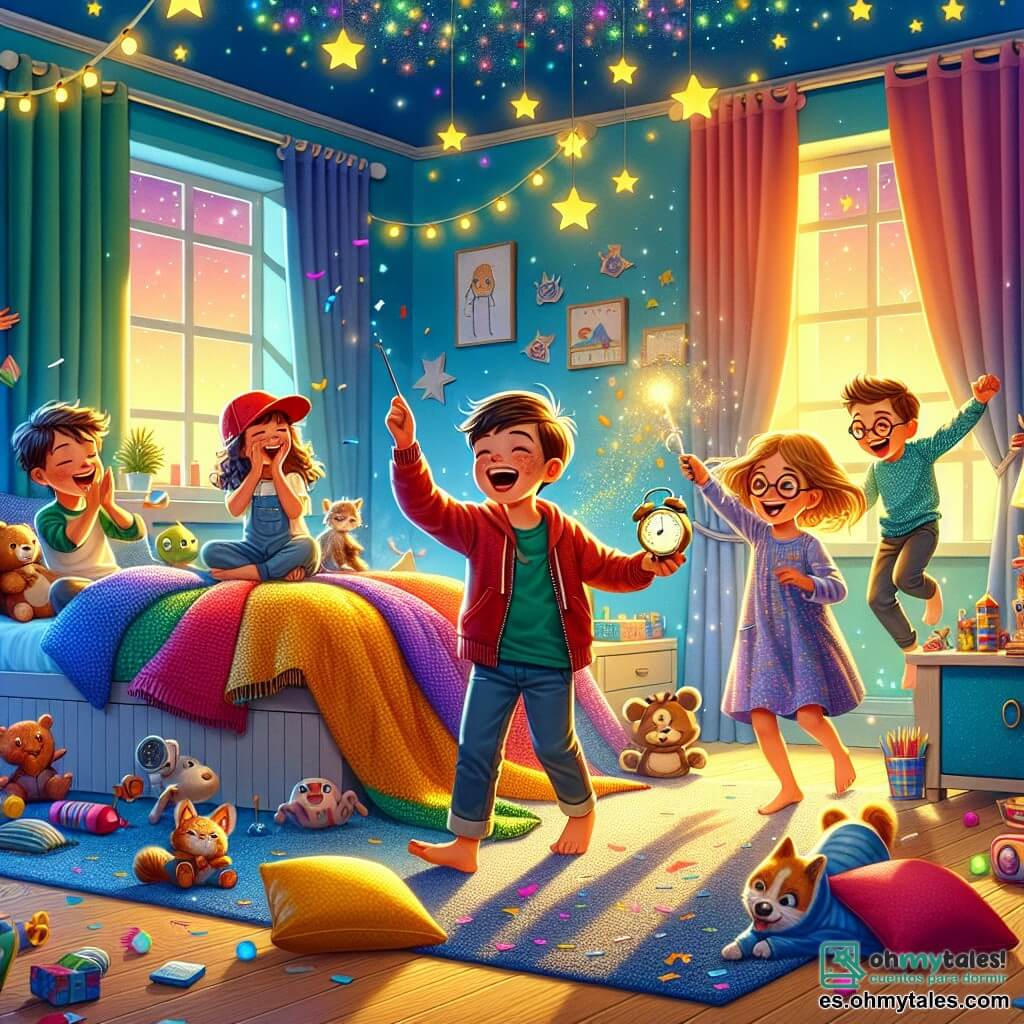 Ilustración que representa una habitación colorida y acogedora, con paredes pintadas de azul cielo y estrellas doradas brillando en el techo. En el centro, una gran cama cubierta con mantas multicolores, rodeada de cojines en forma de animales. En esta escena, cuatro niños están reunidos: un niño de cabello castaño despeinado, de aproximadamente 8 años, que ríe señalando un despertador mágico en la mesita de noche; una niña de cabello rubio trenzado, también de 8 años, que se acerca con curiosidad, los ojos muy abiertos; otro niño, con una gorra roja en la cabeza, que baila alegremente sobre la alfombra; y por último, una niña con gafas redondas, sumergida en un libro, que sonríe al observar la escena. La situación principal muestra a los niños en plena fiesta improvisada en su habitación, rodeados de luces de colores proyectadas por el despertador mágico que parece estar vivo, con confeti flotando en el aire y risas resonantes. Juguetes animados y peluches los rodean, añadiendo un toque de magia a esta noche de aventuras y risas.