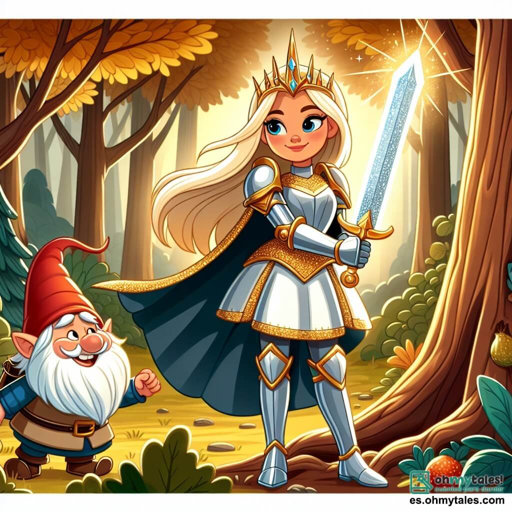 Une illustration sous forme de dessin destinée aux enfants représentant une forêt enchantée, avec des arbres majestueux aux feuilles dorées, où se tient une courageuse chevaleresse aux cheveux dorés et à l'armure scintillante, brandissant une épée étincelante, tandis qu'un petit duende au sourire malicieux, portant un gorro rouge, l'observe avec admiration, alors qu'ils cherchent ensemble un trésor caché, symbolisant l'amitié et le courage face aux défis.