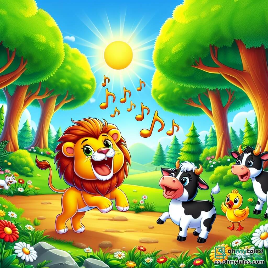 Ilustración que representa un hermoso claro soleado en el corazón de un bosque verde, donde majestuosos árboles con hojas brillantes de verde bailan suavemente al viento. En el centro de la escena, un león de pelaje dorado brillante, con una melena flameante, se sostiene alegremente sobre sus patas traseras, con una gran sonrisa en su rostro, cantando con entusiasmo. A su alrededor, un grupo de animales coloridos: una vaca risueña con manchas blancas y negras, que se encuentra de lado, y un pato de plumas amarillas brillantes, que agita sus alas al ritmo de la música. La situación principal muestra al león entreteniendo a sus amigos animales, mientras notas musicales flotan en el aire, creando una atmósfera alegre y festiva. Flores multicolores salpican el suelo, y un cielo azul claro con algunas nubes blancas añade un toque de magia a esta escena llena de vida y felicidad.