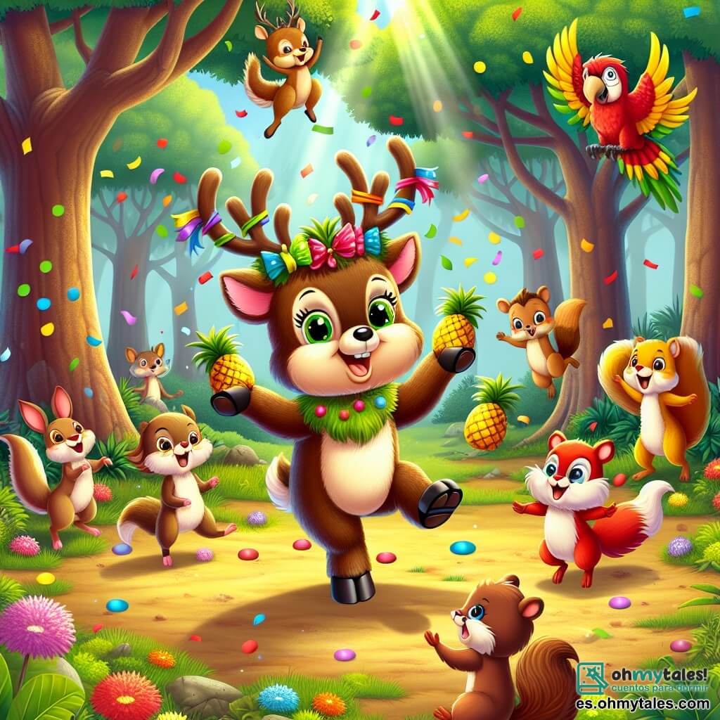 Ilustración que representa una escena alegre en un claro soleado de la Selva Ruidosa, rodeada de árboles de troncos gruesos y un follaje de un verde brillante, con flores coloridas esparcidas por el suelo. En el centro, un reno de grandes cuernos adornados con cintas de colores, con un pelaje marrón suave y ojos chispeantes de travesura, hace malabares con piñas mientras salta con entusiasmo. A su lado, una pequeña ardilla de pelaje rojo brillante, con una cola esponjosa, aplaude con sus patitas, mientras un loro de plumas brillantes, rojo y verde, vuela en el aire gritando ánimos. La escena irradia un ambiente festivo y de camaradería, con risas y colores vivos, mientras otros animales, como conejos y pájaros, se reúnen alrededor, cautivados por el espectáculo. Confetis de colores flotan en el aire, añadiendo un toque festivo a esta alegre actuación.