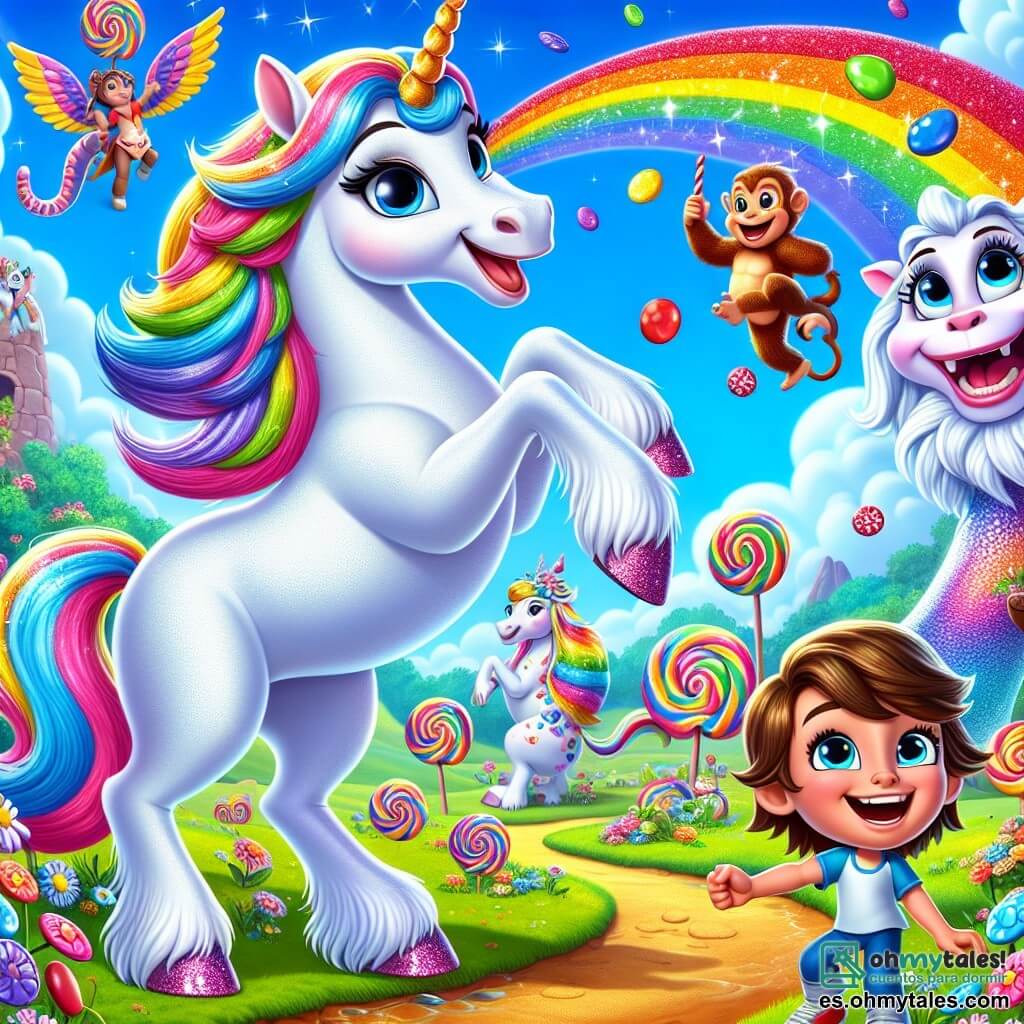 Illustration destinée aux enfants représentant un prado magique dans le royaume de Colorín, où des arbres en bonbons aux couleurs vives se dressent sous un ciel bleu éclatant, et où un ruisseau de chocolat serpente à travers des fleurs aux pétales scintillants. Au centre de la scène, une magnifique licorne femelle avec un pelage blanc éclatant et un long crin arc-en-ciel, se tient joyeusement, levant son cuisse pour galoper dans l'air, tandis qu'un petit garçon aux cheveux ébouriffés et aux yeux pétillants, vêtu d'une chemise colorée, rit aux éclats à ses côtés. En arrière-plan, des créatures rigolotes comme un dragon aux écailles multicolores et un singe malicieux aux yeux brillants s'amusent en se lançant des bonbons, créant une atmosphère de joie et d'amitié. L'ensemble dégage une ambiance festive et ludique, capturant l'esprit de l'aventure et des rires partagés.