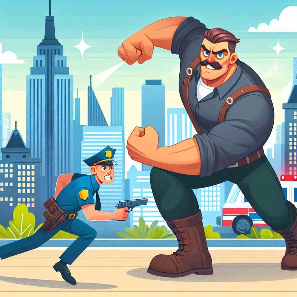 Une illustration destinée aux enfants représentant un homme fort et courageux, se battant contre un méchant dans une ville lumineuse et animée, avec un policier dévoué à ses côtés.