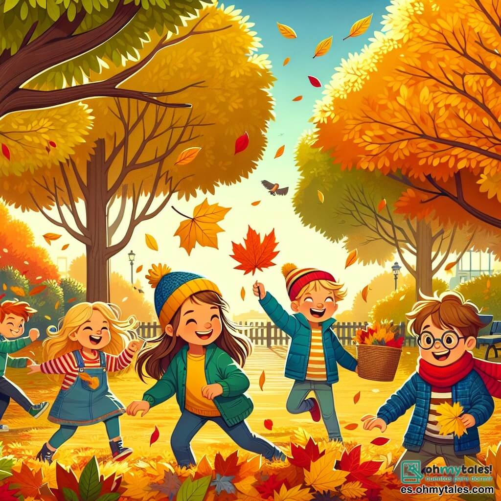 Ilustración que representa un parque en otoño, con árboles majestuosos de hojas doradas, naranjas y rojas, creando una colorida alfombra en el suelo. En el centro, cuatro niños están reunidos: una niña de unos 8 años con largos cabellos castaños, que lleva un suéter amarillo y un gorro rojo, riendo mientras sostiene una gran hoja amarilla. A su lado, un niño de 9 años con el cabello rubio desordenado, vestido con una chaqueta azul, que se prepara para saltar en un montón de hojas. Otra niña, de 7 años, con cabello rizado y una bufanda verde, sonríe mientras recoge hojas, mientras que un niño de 8 años, con gafas y un suéter a rayas, sostiene una gran hoja roja en el aire como un trofeo. La atmósfera es alegre y dinámica, con hojas volando a su alrededor y un cielo azul claro de fondo, evocando la magia del otoño.