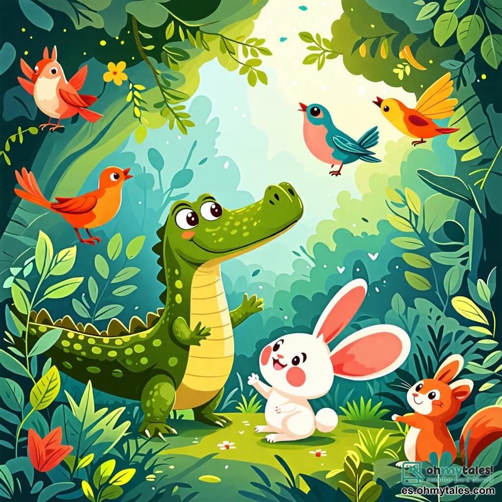 Une illustration sous forme de dessin destinée aux enfants représentant un magnifique et lumineux forêt verdoyante, où un crocodile aux écailles vertes brillantes et aux grands yeux ronds danse joyeusement avec un petit lapin aux grandes oreilles et à la fourrure blanche, tandis qu'autour d'eux, d'autres animaux comme des oiseaux colorés et des écureuils curieux les regardent avec des sourires, capturant l'esprit de l'amitié et de la joie lors d'une fête animée dans la nature.