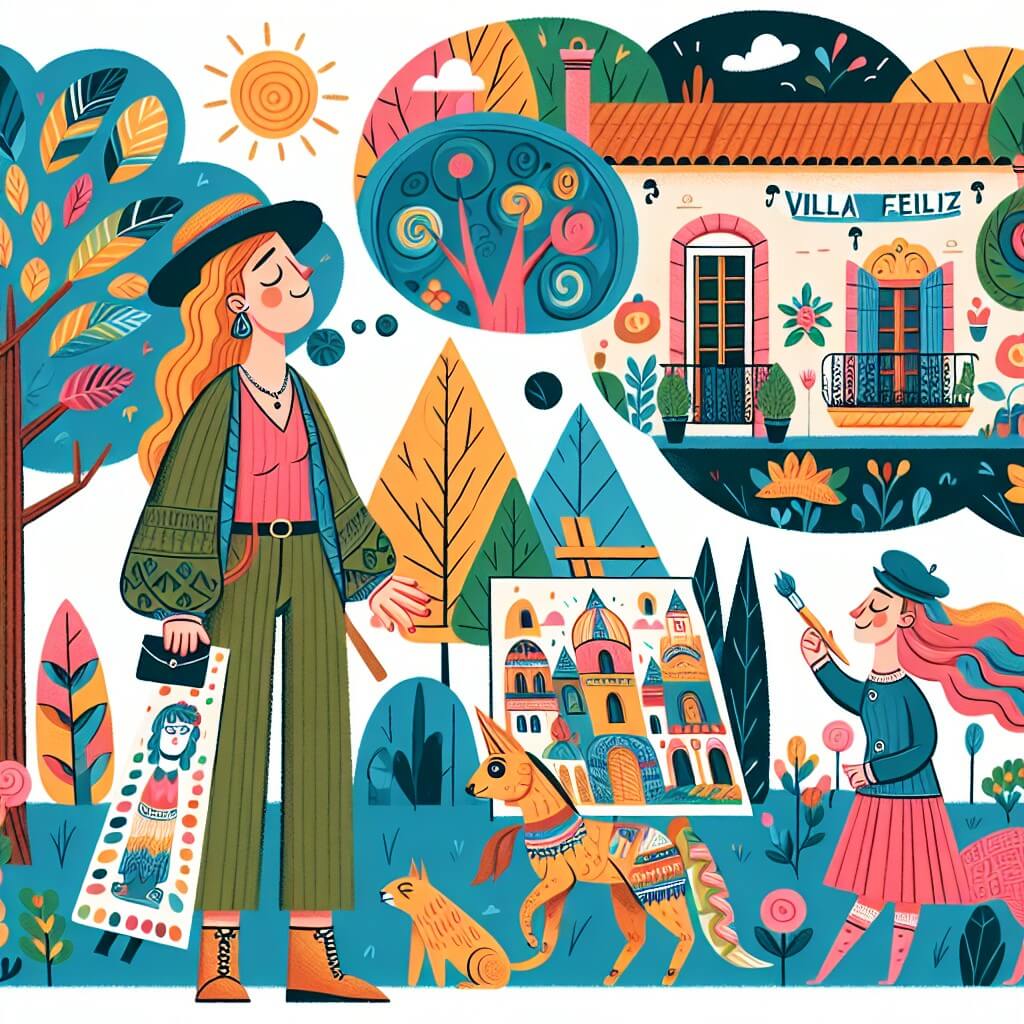 Une illustration destinée aux enfants représentant une artiste talentueuse, rêvant de partager sa passion pour l'art avec le monde entier, accompagnée d'une mystérieuse muraliste, dans un petit village coloré appelé Villa Feliz, où les arbres ont des feuilles scintillantes et les animaux parlent.