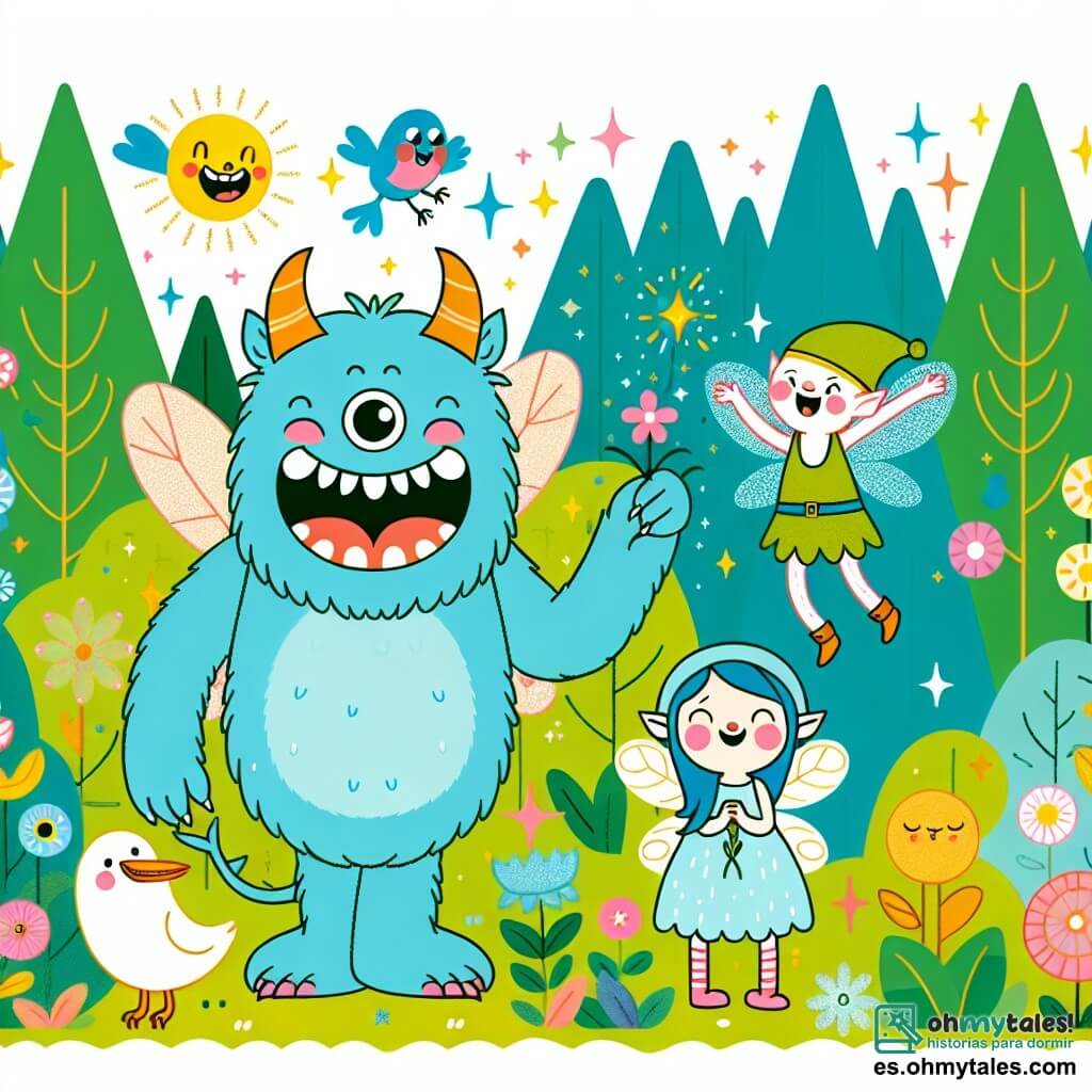 Une illustration destinée aux enfants représentant un monstre au cœur tendre arrivant dans le Bosque de las Risas, accompagné de l'Hada Risueña, entouré de duendes curieux, d'oiseaux colorés et de flores brillantes.