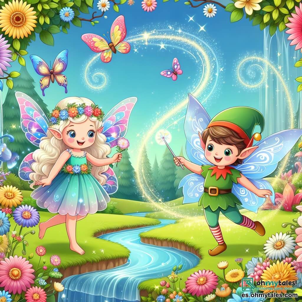 Une illustration destinée aux enfants représentant une fée joyeuse et étincelante, accompagnée d'un petit elfe espiègle, dans un magnifique jardin enchanté rempli de fleurs multicolores, papillons virevoltants et ruisseaux cristallins.
