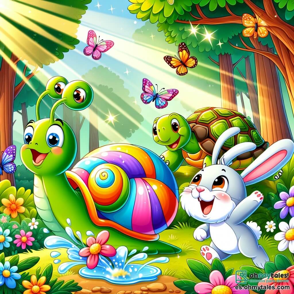 Ilustración que representa un encantador claro en un bosque encantado, lleno de flores coloridas con pétalos brillantes y mariposas revoloteando en el aire. En el centro, un caracol de cuerpo brillante y con una concha reluciente, con rayas multicolores, se desliza alegremente sobre una hoja verde, con una gran sonrisa en su rostro. A su lado, una tortuga de caparazón rugoso y decorado con patrones naturales avanza lentamente, con sus ojos brillando de amabilidad. Un pequeño conejo de grandes orejas y pelaje blanco, lleno de energía, salta a su alrededor, riendo a carcajadas. La escena captura el momento en que el caracol, después de deslizarse en un charco de luz, se levanta, salpicando agua brillante a su alrededor, mientras sus amigos se divierten y ríen juntos, creando una atmósfera alegre y amistosa. Rayos de sol filtran a través de los árboles, añadiendo un toque mágico a esta aventura llena de risas.
