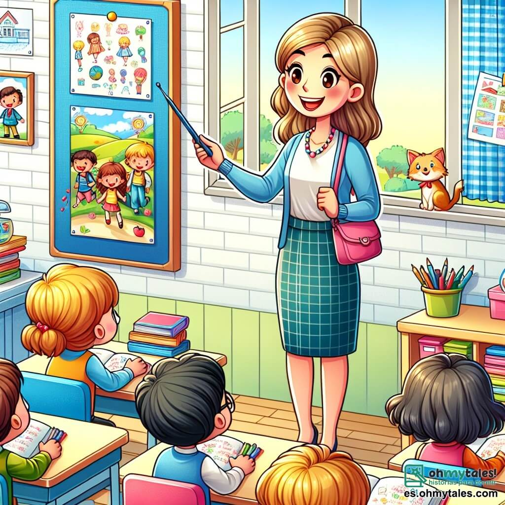 Une illustration destinée aux enfants représentant une institutrice souriante enseignant à ses élèves dans une salle de classe colorée et joyeuse, avec des dessins accrochés aux murs et des livres éparpillés sur les pupitres, tandis qu'un petit chat curieux observe la scène depuis la fenêtre ouverte.