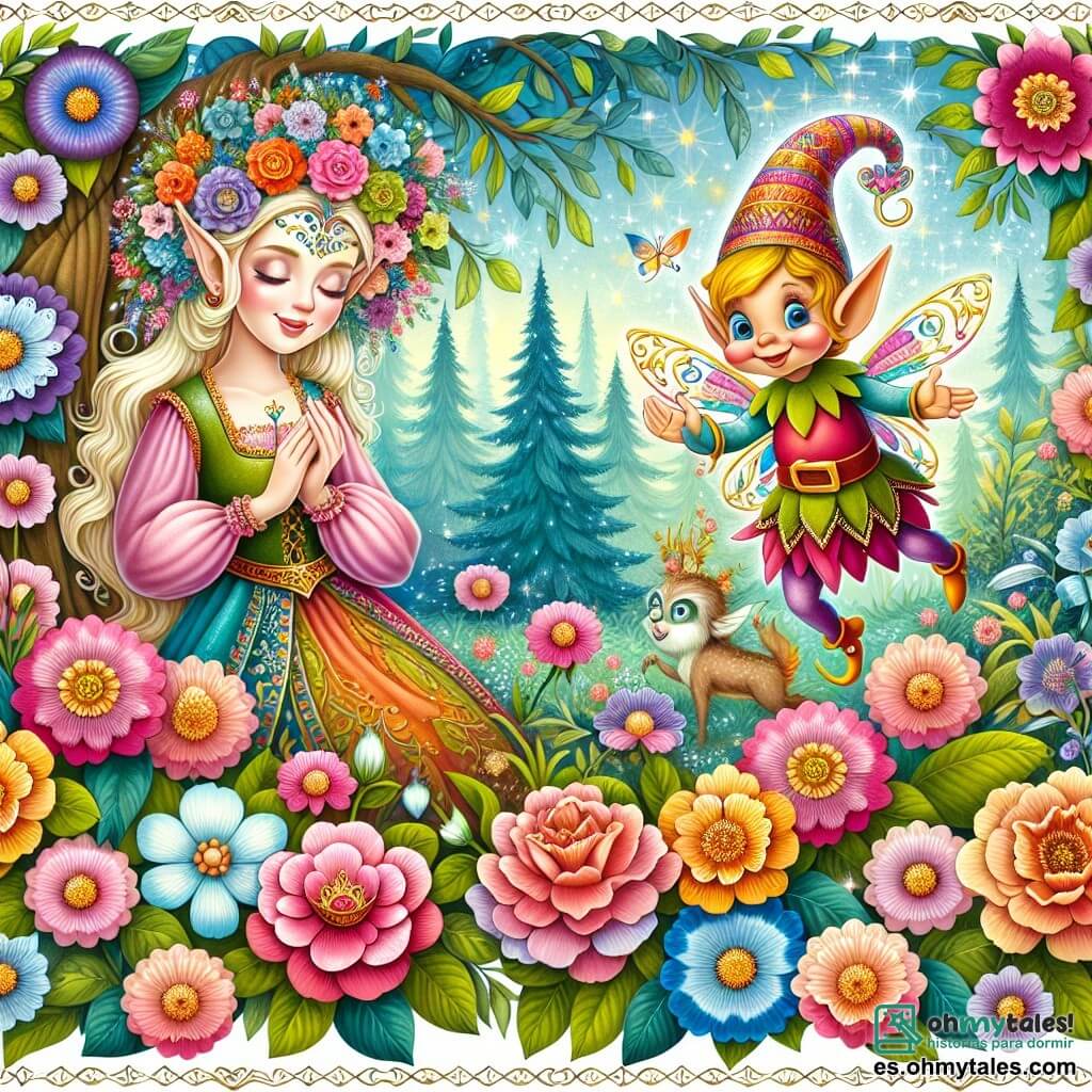 Une illustration destinée aux enfants représentant une elfe lumineuse, se trouvant dans une forêt enchantée remplie de fleurs colorées, aux côtés d'un charmant animal magique, dans le royaume des elfes où la magie règne en maître.
