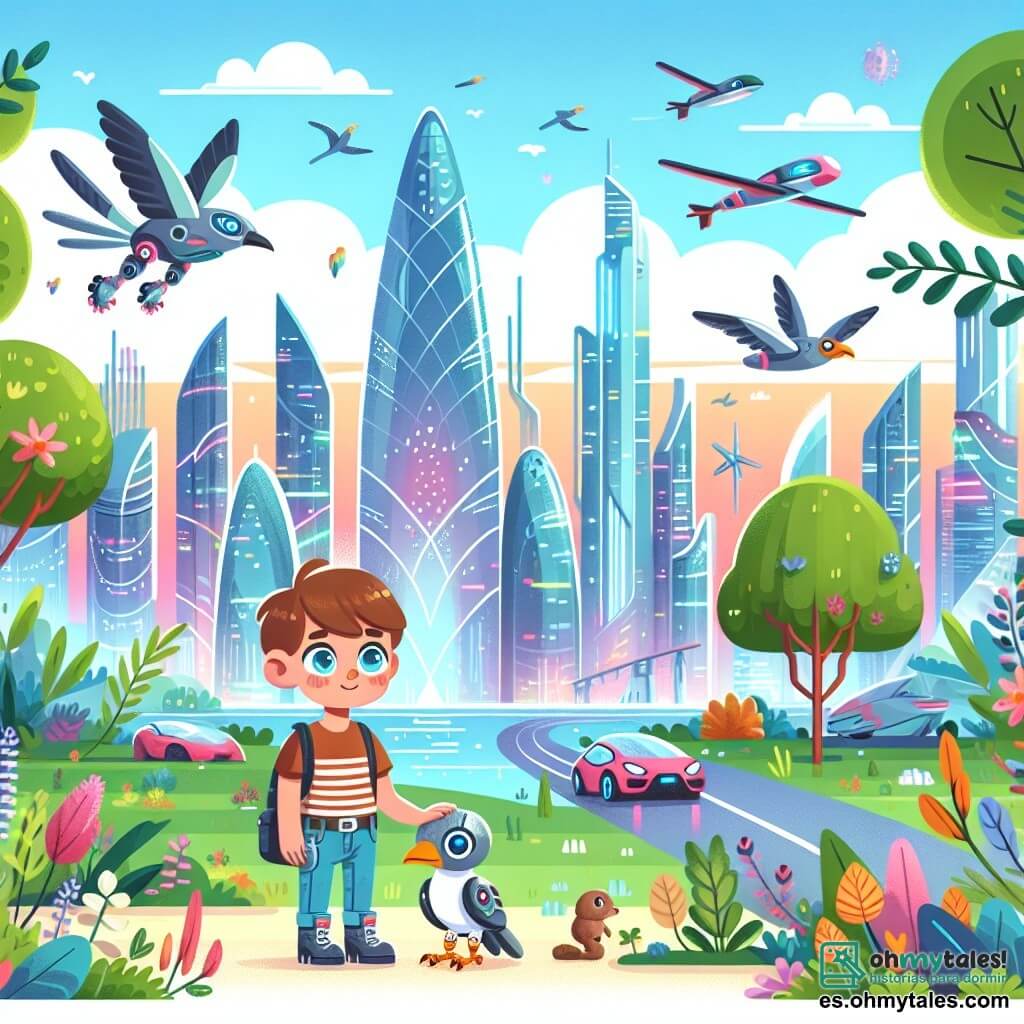 Une illustration destinée aux enfants représentant un garçon passionné par la nature dans une ville futuriste pleine de rascacielos brillants et de voitures volantes, accompagné d'un robot ave blessé, se déroulant dans le Parque de las Maravillas, où la technologie se mêle harmonieusement à la végétation.