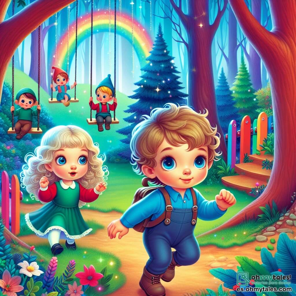 Une illustration destinée aux enfants représentant un petit garçon aux yeux curieux se perdant dans une forêt enchantée, accompagné d'une fillette aux boucles blondes, dans la cour de récréation de leur école aux murs colorés et aux balançoires colorées.