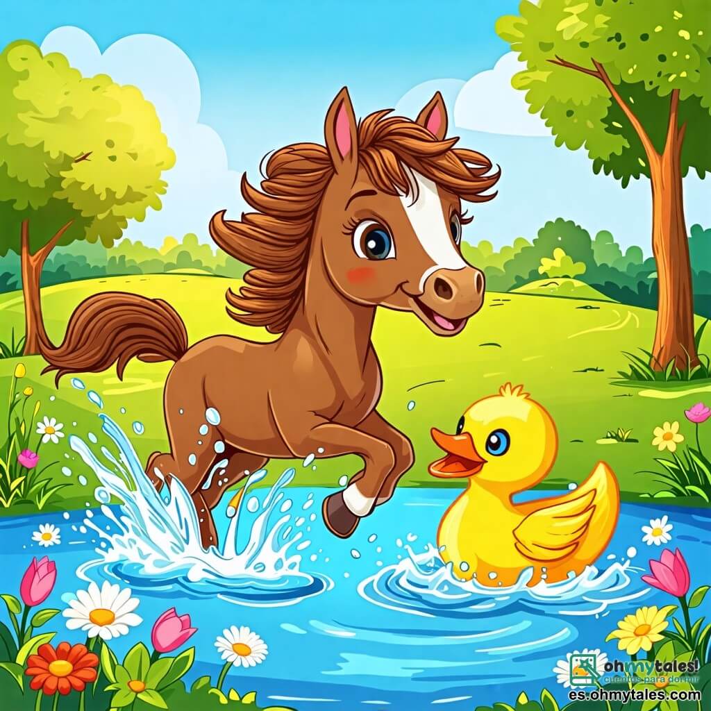 Une illustration sous forme de dessin destinée aux enfants représentant un prado verdoyant et ensoleillé, avec un cheval brun aux grandes oreilles et une crinière ondulante qui éclabousse joyeusement dans un étang, tandis qu'un canard jaune aux plumes brillantes nage rapidement à ses côtés, tous deux riant et jouant ensemble dans une scène amusante et pleine de vie, entourés de fleurs colorées et d'arbres majestueux sous un ciel bleu clair.