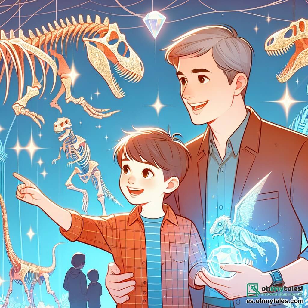 Une illustration destinée aux enfants représentant un garçon curieux et enthousiaste, accompagné de son nouveau maestro au sourire chaleureux, explorant un musée de dinosaures rempli de squelettes géants et de fósiles étincelants.