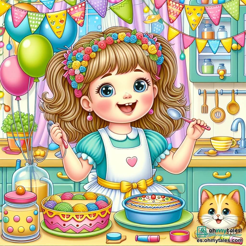 Une illustration destinée aux enfants représentant une petite fille pleine d'enthousiasme préparant une surprise pour son papa, avec la présence espiègle d'un chat curieux, dans une cuisine colorée et joyeuse décorée de guirlandes et de ballons.