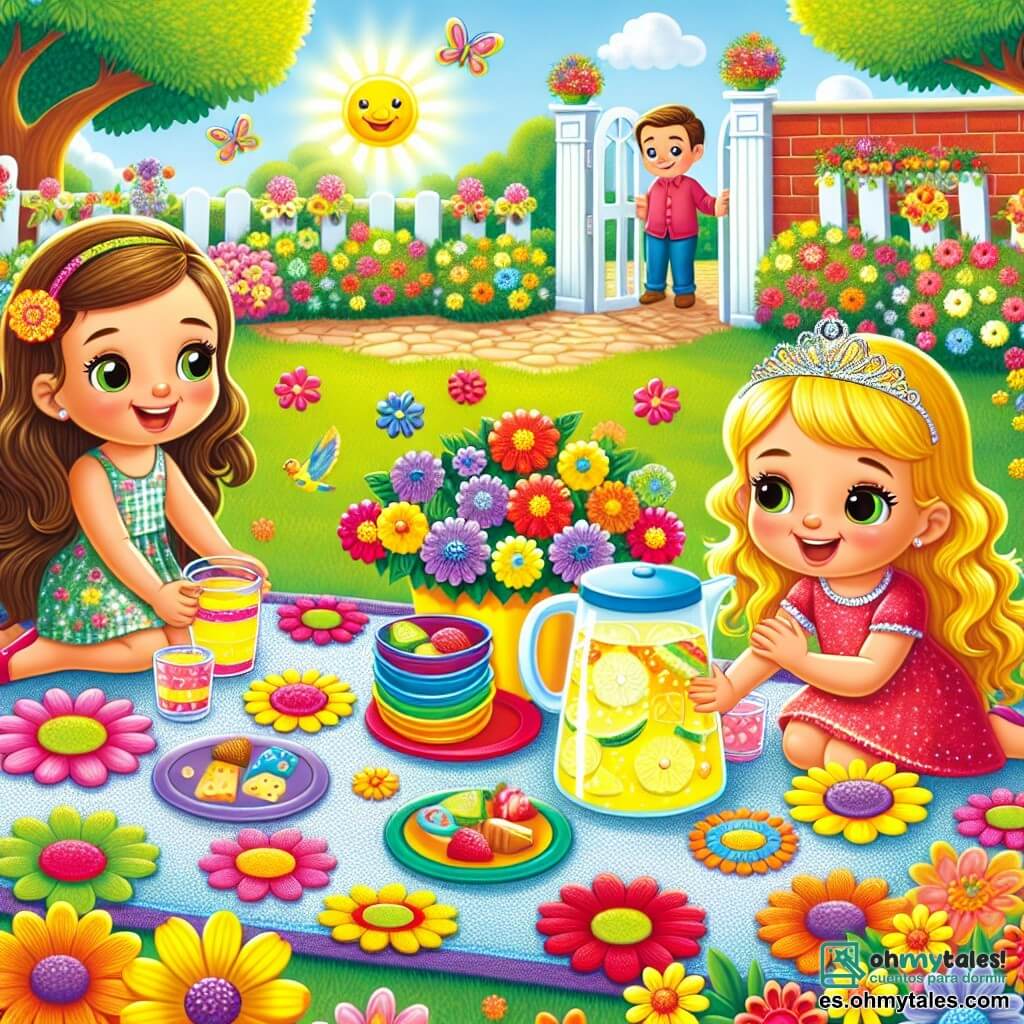 Ilustración que representa un jardín soleado, lleno de flores coloridas con pétalos brillantes de rojo, amarillo y violeta. En el centro, un gran césped verde, suave y acogedor, donde se extiende una manta de colores, adornada con pequeñas flores recogidas por niños. Dos niñas, una de tres años con largos cabellos castaños y ojos brillantes, sonríe alegremente sosteniendo una gran jarra de limonada. Junto a ella, otra niña, también de tres años, con cabello rubio y una diadema brillante, organiza platos de plástico coloridos sobre la manta. Ambas están preparando un picnic sorpresa para su papá, riendo y divirtiéndose mientras disponen los bocadillos. Al fondo, un hombre sonriente, el papá, se encuentra en la entrada del jardín, sorprendido y feliz de descubrir la sorpresa que sus hijas le han preparado. Los pájaros cantan en los árboles, añadiendo un toque de magia a esta escena alegre y familiar.