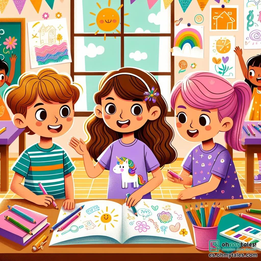 Ilustración que representa una escena animada en un aula luminosa y colorida. Las paredes están decoradas con dibujos de niños y carteles educativos, mientras que una gran ventana deja entrar la luz del sol, iluminando los pupitres de madera. 

En el centro de la imagen, tres niñas de alrededor de diez años están reunidas alrededor de una mesa. La primera niña, con cabello castaño y rizado, lleva una camiseta lila con motivos de unicornios y sonríe alegremente mientras sostiene un libro. La segunda niña, con cabello largo y liso, está dibujando en un gran papel con lápices de colores, mostrando una expresión concentrada. La tercera niña, con cabello castaño recogido en una coleta, hace gestos entusiastas mientras habla de sus experiencias científicas.

La situación principal muestra a las niñas discutiendo y compartiendo ideas para un proyecto escolar, rodeadas de útiles escolares coloridos como lápices, marcadores y hojas de papel. En el fondo, otros alumnos se divierten y se ríen, creando una atmósfera alegre y dinámica. Elementos gráficos como globos de fiesta y guirnaldas añaden un toque festivo a toda la escena.