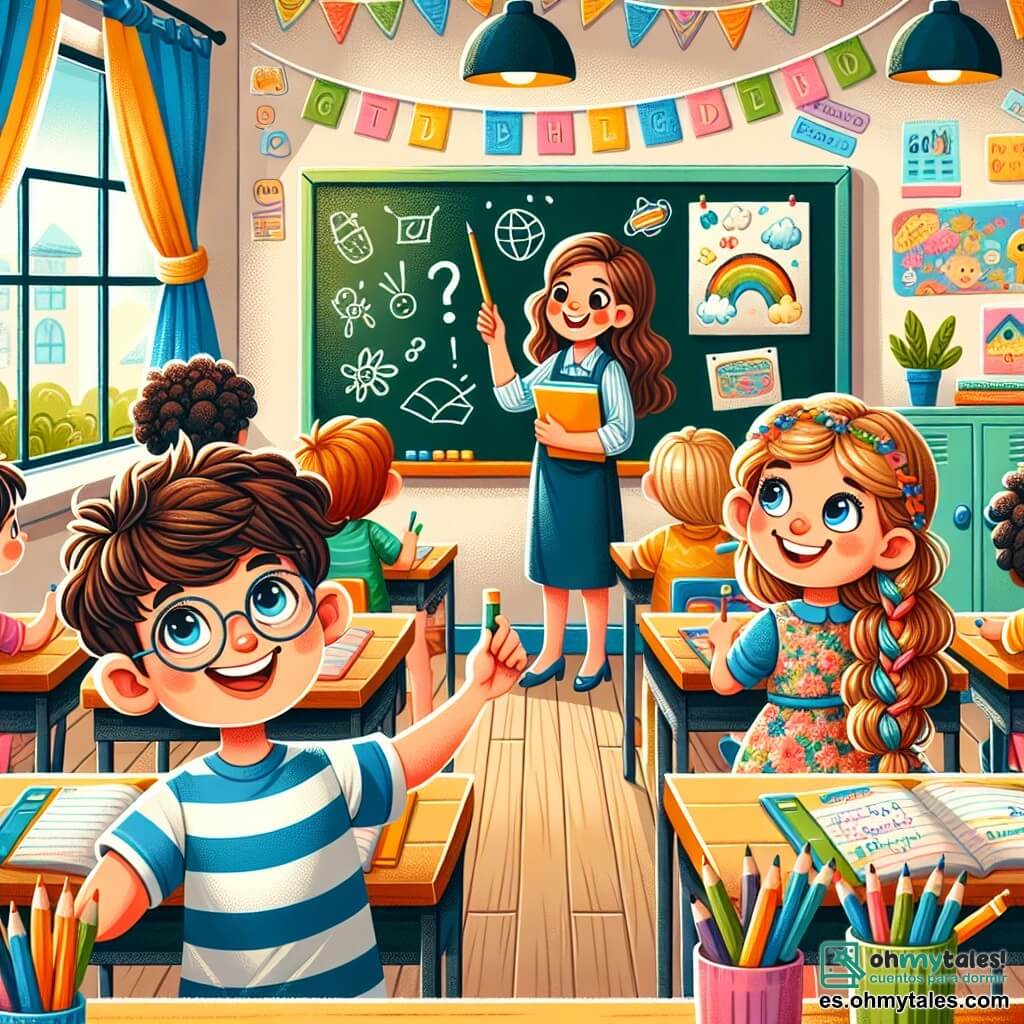 Ilustración que representa un aula colorida y acogedora, con paredes decoradas con dibujos de niños y carteles educativos. En el centro, una gran pizarra donde el profesor escribe con tiza blanca. Un niño de unos 8 años, con cabello castaño y rizado, lleva una camiseta a rayas azul y unas pequeñas gafas. Está sentado en un escritorio, sonriendo y levantando la mano para hacer una pregunta. A su lado, una niña de aproximadamente 8 años, con cabello largo y rubio trenzado, lleva un vestido de flores. Ella mira a su amigo con entusiasmo, sosteniendo un lápiz de colores en la mano. La situación principal muestra a los niños en plena actividad escolar, rodeados de compañeros que discuten e intercambian ideas. Suministros escolares coloridos, como lápices, marcadores y cuadernos, están esparcidos sobre los escritorios, mientras una ventana deja entrar la luz del sol, iluminando la habitación con una atmósfera alegre y dinámica.
