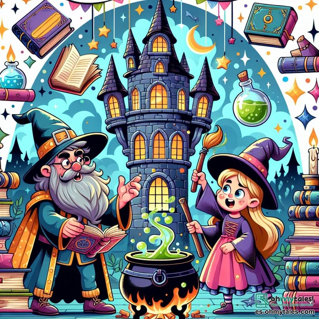 Une illustration destinée aux enfants représentant un sorcier étourdi lançant des sorts maladroits, accompagné d'une sorcière astucieuse, dans une tour enchantée aux murs couverts de livres de sorts et de chaudrons bouillonnants, située dans le mystérieux et coloré Royaume des Rires.