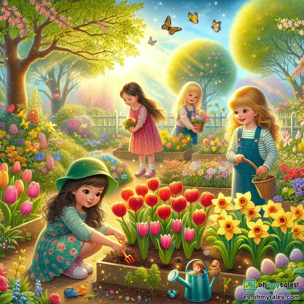 Ilustración que representa un jardín en plena floración, bañado por la luz dorada del sol de primavera. Los parterres están llenos de flores coloridas: tulipanes rojos, narcisos amarillos y delicadas violetas, rodeadas de exuberante vegetación. En el centro, cuatro niñas de aproximadamente ocho años están plantando semillas. Una de ellas, con largos cabellos castaños y un vestido rosa, está agachada, sosteniendo una pequeña pala de plástico, concentrada en su trabajo. Junto a ella, otra niña, con cabello rubio y rizado, lleva una camiseta azul y sonríe mientras sostiene una pequeña caja de semillas. Una tercera niña, con cabello negro y una gorra verde, observa una pequeña mariposa que vuela alrededor de ellas, con los ojos brillantes de asombro. Finalmente, la cuarta niña, con cabello castaño y un vestido de flores, riega delicadamente las plantas con un pequeño regador, creando pequeñas gotas de agua brillantes al sol. Al fondo, jóvenes árboles con hojas verdes vibrantes se alzan, y un cielo azul salpicado de nubes blancas añade un toque de suavidad a la escena. Insectos como abejas y mariquitas vuelan alrededor, mientras un pequeño pájaro canta en una rama. La atmósfera es alegre y llena de vida, capturando el espíritu de la primavera y el entusiasmo de los niños por su jardín.
