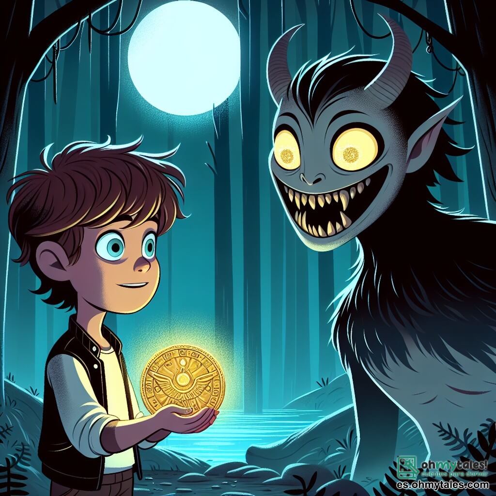 Une illustration sous forme de dessin destinée aux enfants représentant un mystérieux clairière dans un forêt sombre, baignée par la lumière de la lune, où un garçon de 9 ans aux cheveux bruns en désordre et aux yeux pétillants d'émerveillement tient un ancien medallón brillant dans ses mains, tandis qu'une créature mi-homme mi-ombre, avec des yeux scintillants et un large sourire dévoilant des dents pointues, se tient devant lui, l'air intrigué, alors qu'ils se préparent à un échange magique, symbolisant le courage face aux peurs.