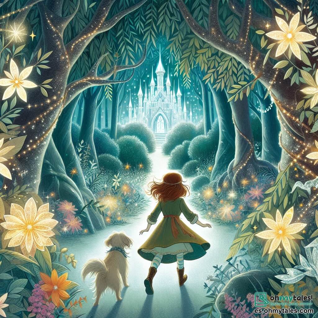 Une illustration destinée aux enfants représentant une jeune fille intrépide et déterminée, accompagnée de son fidèle ami, explorant un mystérieux et enchanteur jardin disparu, entouré de grands arbres aux feuilles chatoyantes et de fleurs lumineuses, cachant un château de cristal brillant.