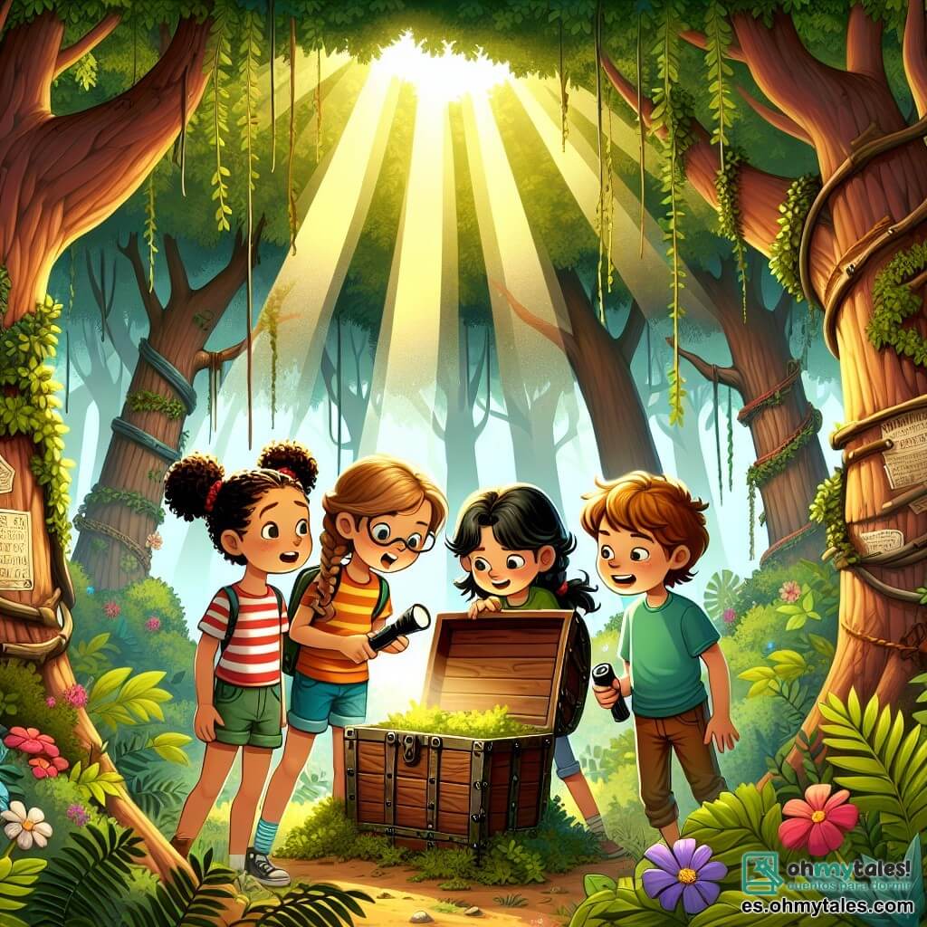 Ilustración que representa un claro soleado en el corazón de un denso bosque, donde grandes árboles de troncos robustos se elevan hacia el cielo, formando un techo de verdor con sus hojas. En el centro, una antigua cueva oscura, con la entrada adornada de lianas y flores coloridas, parece invitar a la exploración. Cuatro jóvenes detectives, tres chicas y un chico de unos once años, están reunidos alrededor de un viejo cofre de madera, medio enterrado en el suelo. La primera chica, de cabello castaño y rizado, lleva una camiseta colorida y shorts, y mira el cofre con ojos brillantes de emoción. La segunda chica, con trenzas rubias, se inclina hacia adelante, examinando un viejo diario que sostiene en sus manos, con una expresión de curiosidad en su rostro. La tercera chica, de cabello negro y liso, usa gafas y tiene un aire concentrado, observando las inscripciones en las paredes de la cueva. Finalmente, el chico, con cabello castaño desordenado y una sonrisa traviesa, sostiene una linterna, iluminando el cofre y revelando tesoros brillantes en su interior. La atmósfera está llena de misterio y aventura, con rayos de sol filtrándose a través de las hojas, creando juegos de sombra y luz. Elementos adicionales como piedras antiguas, hojas caídas e insectos coloridos añaden un toque de vida a esta escena cautivadora, ilustrando el momento en que los jóvenes investigadores descubren el tesoro escondido en la cueva.