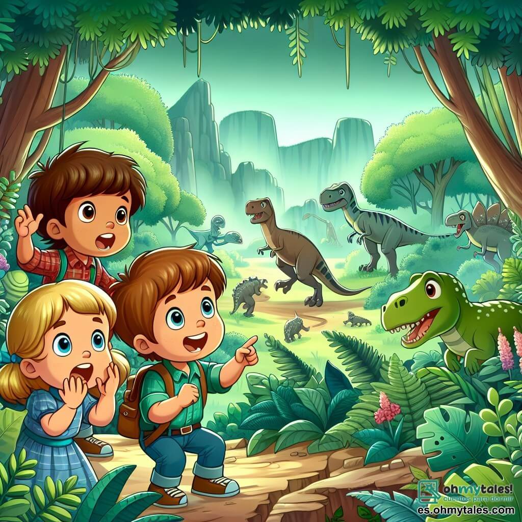 Une illustration sous forme de dessin destinée aux enfants représentant un groupe d'enfants de 7 ans, composé de deux garçons aux cheveux bruns et d'une fille aux cheveux blonds, émerveillés en découvrant un tunnel secret dans une forêt verdoyante, entourés de plantes géantes et de créatures préhistoriques, avec des dinosaures jouant au loin, capturant l'excitation et l'émerveillement de leur voyage dans le temps.