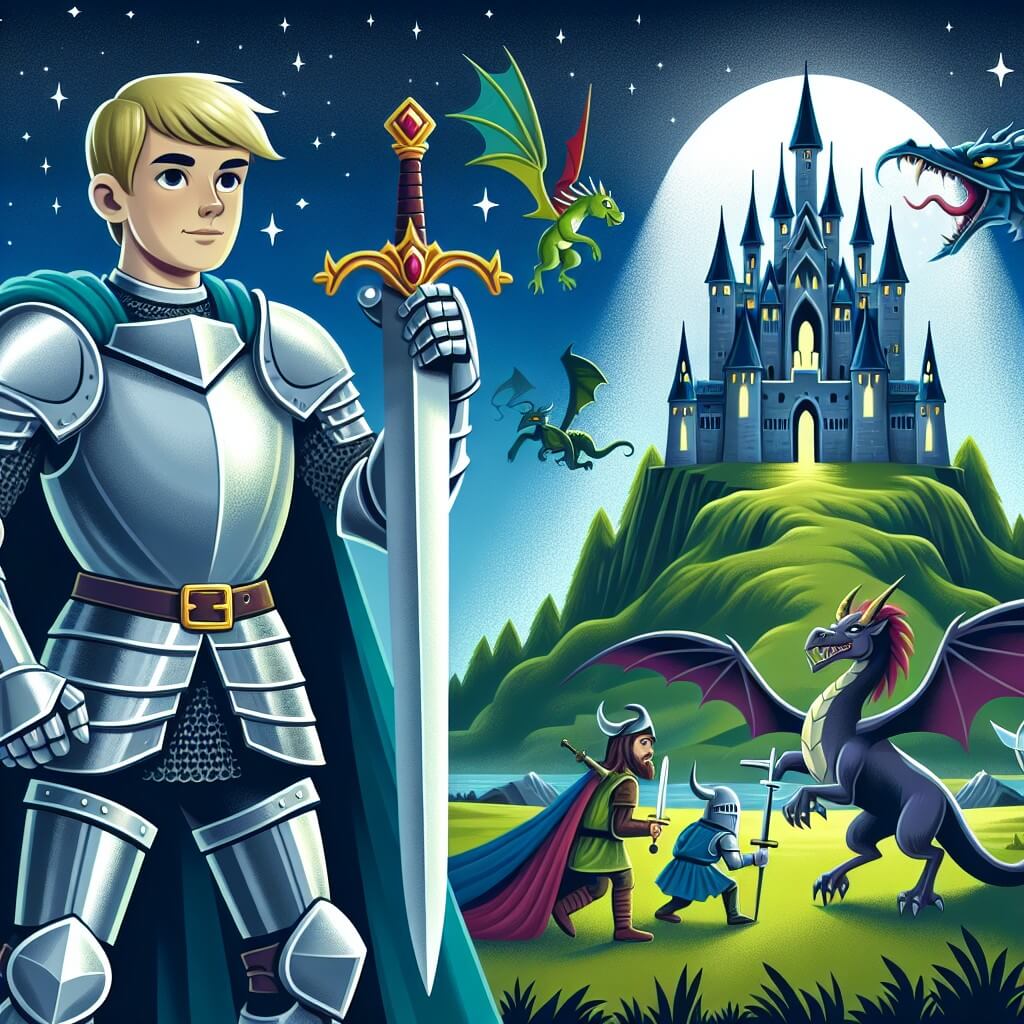 Une illustration destinée aux enfants représentant un courageux chevalier, vêtu d'une armure étincelante, tenant fermement son épée magique, se tenant devant un imposant château médiéval perché sur une colline verdoyante, prêt à affronter une armée de créatures maléfiques, avec un mystérieux dragon ailé observant silencieusement depuis le ciel étoilé.