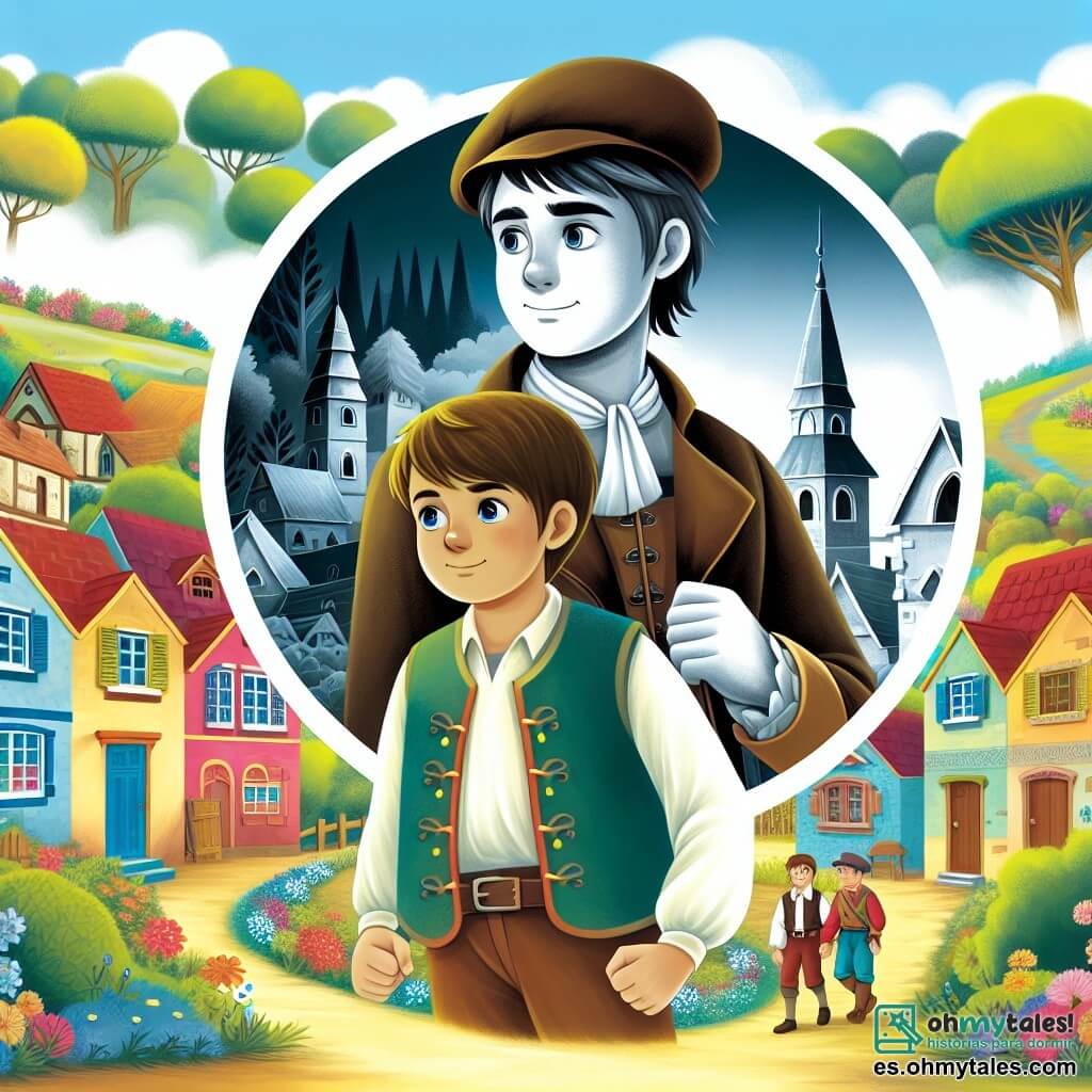Une illustration destinée aux enfants représentant un jeune garçon courageux confronté à une situation de harcèlement, accompagné d'un fidèle ami, dans le charmant village de Villa Feliz, avec ses maisons colorées, ses jardins fleuris et son paisible bosquet en arrière-plan.