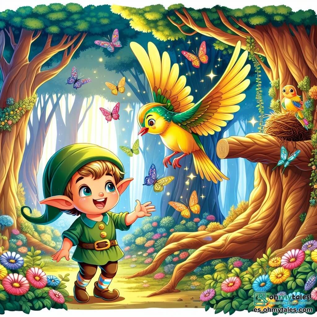 Une illustration sous forme de dessin destinée aux enfants représentant un magnifique forêt enchantée, avec des arbres majestueux aux troncs épais et des fleurs colorées éparpillées sur le sol, où un petit lutin garçon aux grandes oreilles pointues, portant une gorra verte et un sourire éclatant, aide un pajarito doré, un oiseau aux plumes brillantes, à retrouver son nido perché sur une branche d'un immense arbre, tandis que des papillons colorés dansent autour d'eux, créant une atmosphère magique et joyeuse.