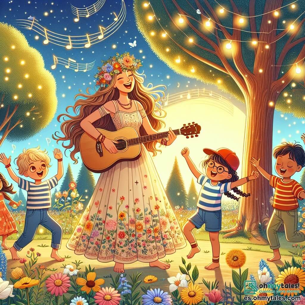 Ilustración que representa un parque soleado, lleno de flores coloridas y árboles majestuosos, donde las luciérnagas comienzan a brillar en el crepúsculo. En el centro, una mujer de cabello largo y ondulado, vestida con un vestido ligero de estampado floral, toca la guitarra con una sonrisa radiante, cautivando la atención de los niños a su alrededor. Entre ellos, un niño de aproximadamente 8 años, con una gorra roja y una camiseta a rayas, baila alegremente, mientras que una niña de cabello trenzado, de 7 años, levanta los brazos en el aire, llena de entusiasmo. La escena irradia una atmósfera de alegría y creatividad, con notas de música flotando en el aire, simbolizando la armonía y la amistad que surgen a través de la música. Risas y aplausos de los niños crean un ambiente festivo y cálido.