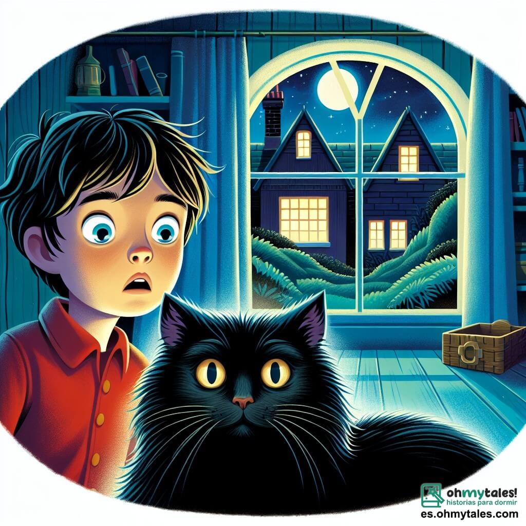 Une illustration destinée aux enfants représentant un jeune garçon, les yeux grands ouverts, confronté à ses peurs dans une chambre sombre, accompagné d'un chat noir et pelucheux, dans une maison tranquille avec une fenêtre donnant sur un jardin rempli de mystères nocturnes.