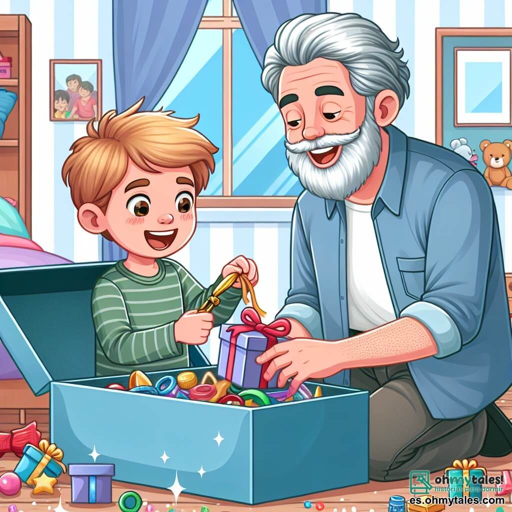 Une illustration destinée aux enfants représentant un petit garçon plein d'enthousiasme préparant une surprise pour son papa, accompagné de son père, un homme joyeux aux cheveux grisonnants, dans une chambre remplie de jouets colorés et de boîtes à trésors scintillantes.