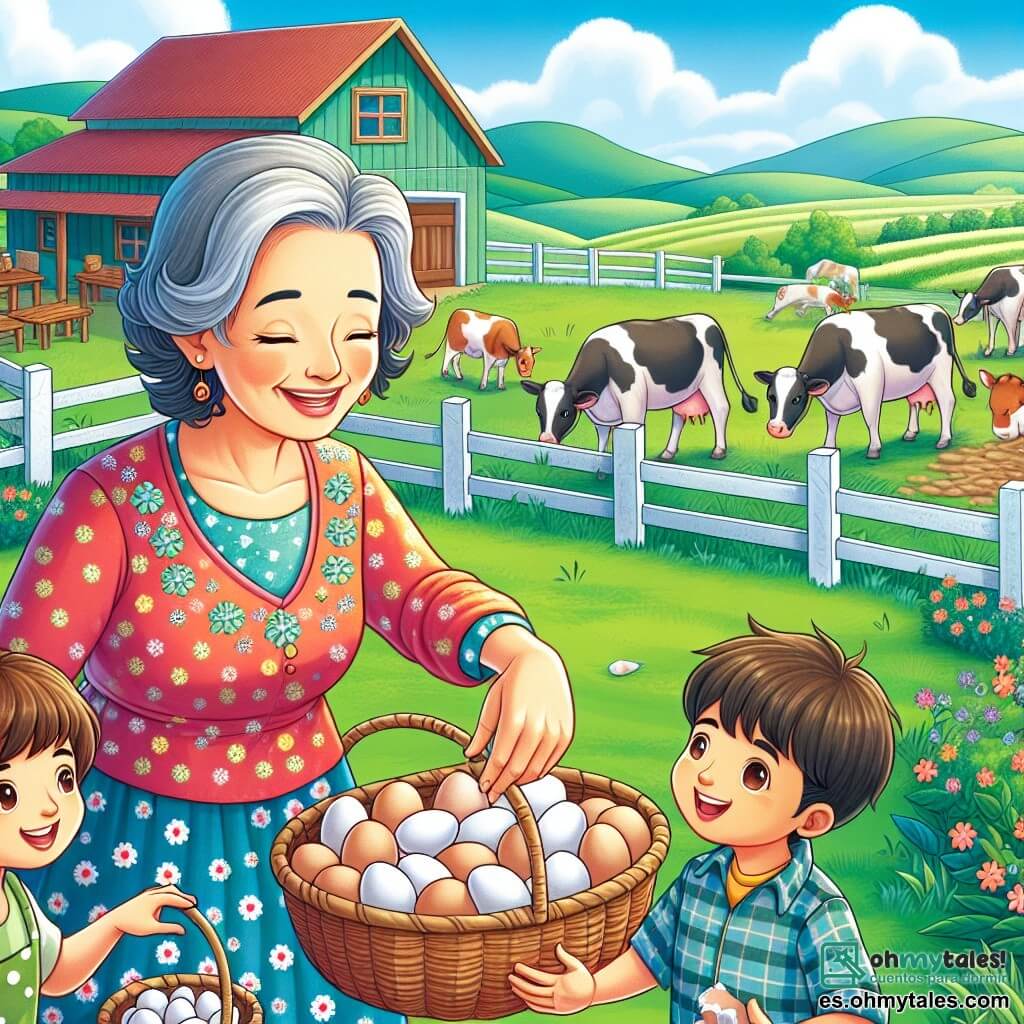 Une illustration sous forme de dessin destinée aux enfants représentant une ferme colorée avec des champs verdoyants et un ciel bleu éclatant, où une femme énergique aux cheveux gris et au sourire chaleureux, vêtue d'une blouse à fleurs, nourrit des vaches dans un enclos, tandis que deux enfants, un garçon aux cheveux bruns et une fille aux cheveux blonds, s'approchent avec curiosité, tenant une petite canasta d'œufs frais, illustrant la joie de découvrir la vie à la ferme et l'importance du travail en équipe.