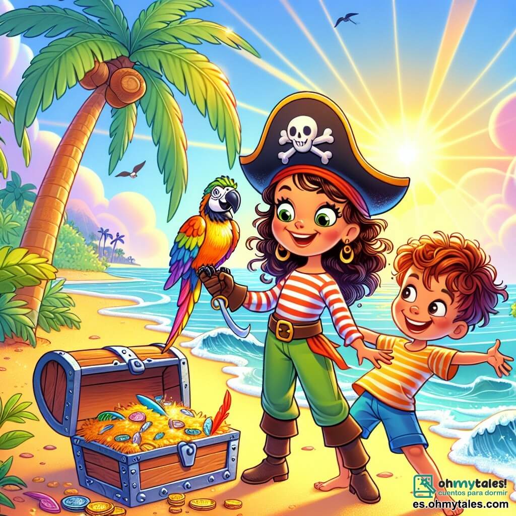 Une illustration sous forme de dessin destinée aux enfants représentant une plage ensoleillée sur une île tropicale, avec des palmiers dansants et des vagues douces, où une intrépide pirate aux cheveux longs et bouclés, portant un chapeau de pirate coloré et une chemise à rayures, se tient fièrement en tenant une carte au trésor, tandis qu'un jeune garçon aux yeux pétillants et un perroquet aux plumes vives volent autour d'eux, célébrant leur découverte d'un ancien coffre au trésor enfoui dans le sable, rempli de pièces d'or et de jouets colorés, symbolisant l'amitié et l'aventure.
