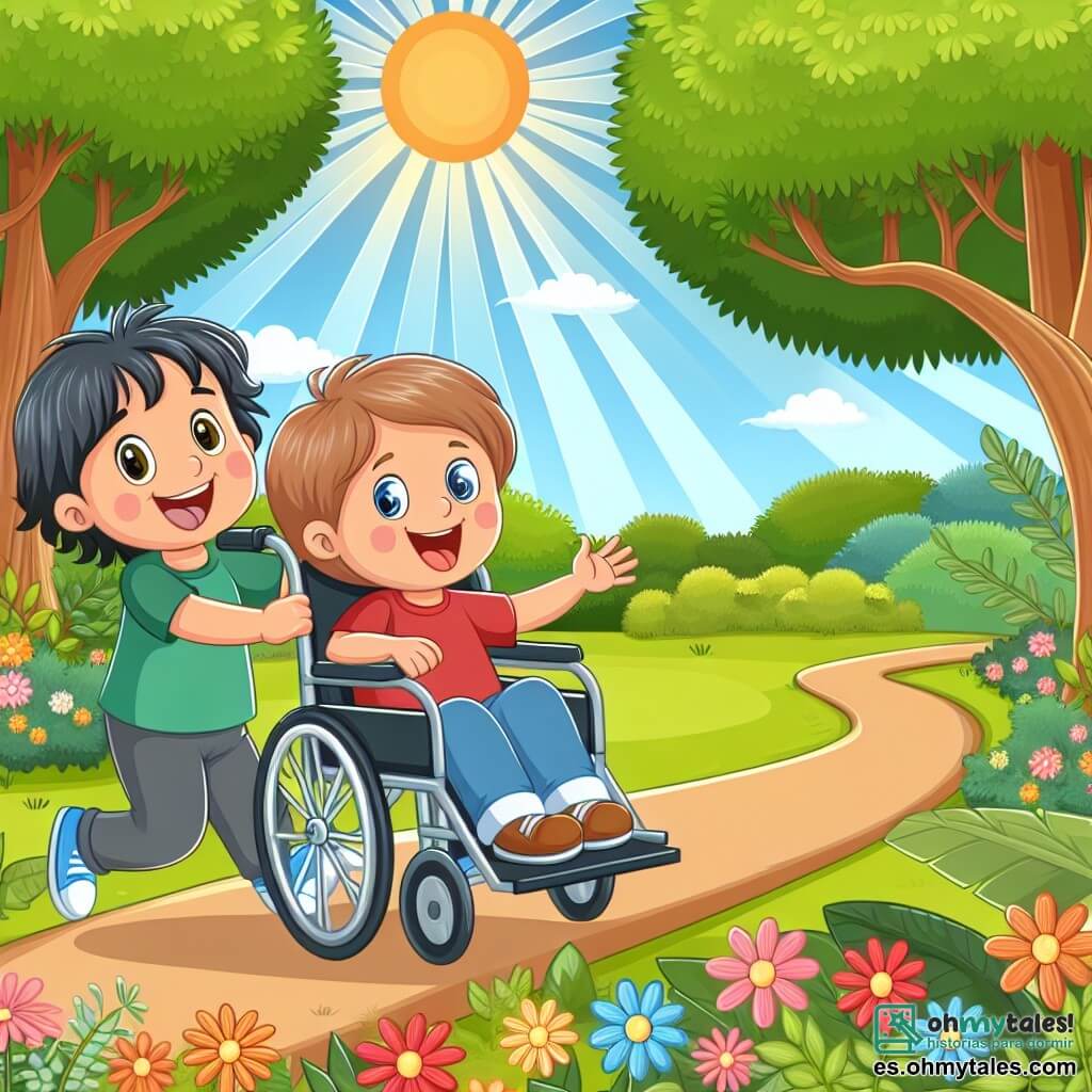Une illustration destinée aux enfants représentant un jeune garçon joyeux en fauteuil roulant, accompagné d'un nouvel ami qui le pousse avec enthousiasme sur un chemin sinueux parsemé de fleurs colorées, dans un parc verdoyant où les rayons du soleil filtrent à travers les branches des grands arbres.