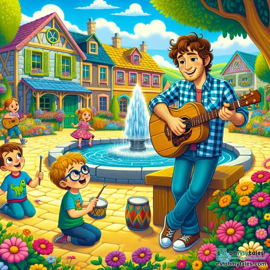 Ilustración que representa una encantadora plaza de pueblo soleada, rodeada de casas coloridas con persianas de madera y flores brillantes. En el centro, una gran fuente de piedra brota agua cristalina, mientras que árboles frondosos ofrecen sombra a los niños que juegan alrededor. El personaje principal es un hombre de sonrisa cálida, con cabello castaño ligeramente ondulado y una guitarra de madera colgada al hombro. Lleva una camisa a cuadros y jeans casuales, y está cantando alegremente, cautivando la atención de los niños a su alrededor. Entre los personajes secundarios, un grupo de tres niños se encuentra cerca de él: una niña de unos 8 años con cabello rizado y un vestido colorido, que mira con asombro; un niño de 9 años con gafas y una camiseta con estampado de dinosaurios, que sostiene una guitarra de juguete; y otro niño de 7 años, con cabello corto y un tambor hecho en casa, que marca alegremente el ritmo. La situación principal muestra al hombre compartiendo su pasión por la música con los niños, que lo escuchan atentamente, sus rostros iluminados por la emoción. Notas musicales flotan en el aire, añadiendo un toque mágico a la ilustración. En el fondo, los habitantes del pueblo aplauden, creando una atmósfera festiva y alegre.