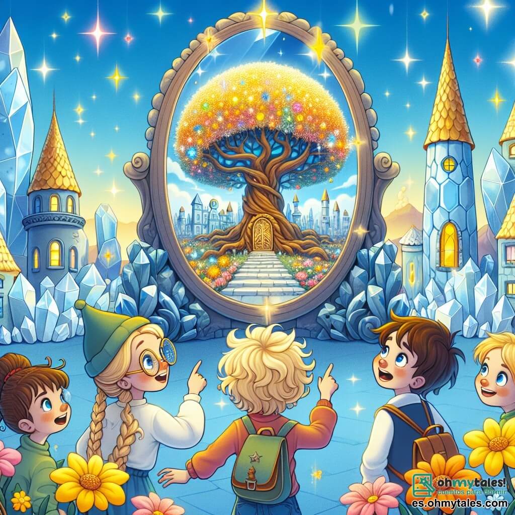 Ilustración que representa una escena mágica en la "Ciudad de los Reflejos", donde casas de cristal brillan bajo un cielo azul pastel, reflejando colores vivos y formas suaves. En el centro, un gran árbol con hojas doradas alberga una puerta esculpida, rodeada de flores multicolores que bailan al ritmo del viento. En esta escena, un niño de unos 10 años, con cabello rizado y ojos brillantes, observa maravillado a través de un espejo de cristal, donde su reflejo muestra un majestuoso león. A su lado, una niña de 9 años, con trenzas y una sonrisa valiente, señala su propio reflejo, que la muestra escalando una montaña. Otro niño, de 10 años, con gafas y un aire pensativo, observa un reflejo de inventos fantásticos, mientras que un niño de 9 años, con una nariz respingona y un sombrero de payaso, mira su reflejo triste, un payaso con lágrimas brillantes. La situación principal muestra a los niños descubriendo sus reflejos en los espejos, cada uno revelando sus sueños y emociones, mientras un anciano sabio, con una larga barba blanca y una mirada benevolente, los observa con una sonrisa, listo para compartir su sabiduría. En el fondo, nubes en forma de corazones flotan en el cielo, añadiendo un toque de magia a esta escena de amistad y autodescubrimiento.