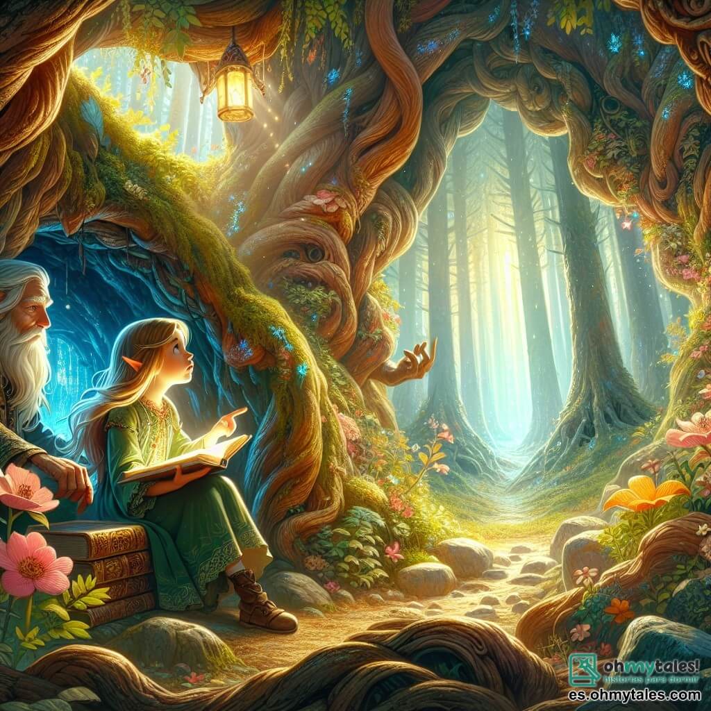 Une illustration destinée aux enfants représentant une jeune fille intrépide découvrant un livre magique dans une caverne enchantée, accompagnée par un elfe sage et bienveillant, située au cœur d'une forêt luxuriante aux arbres majestueux et aux fleurs lumineuses.