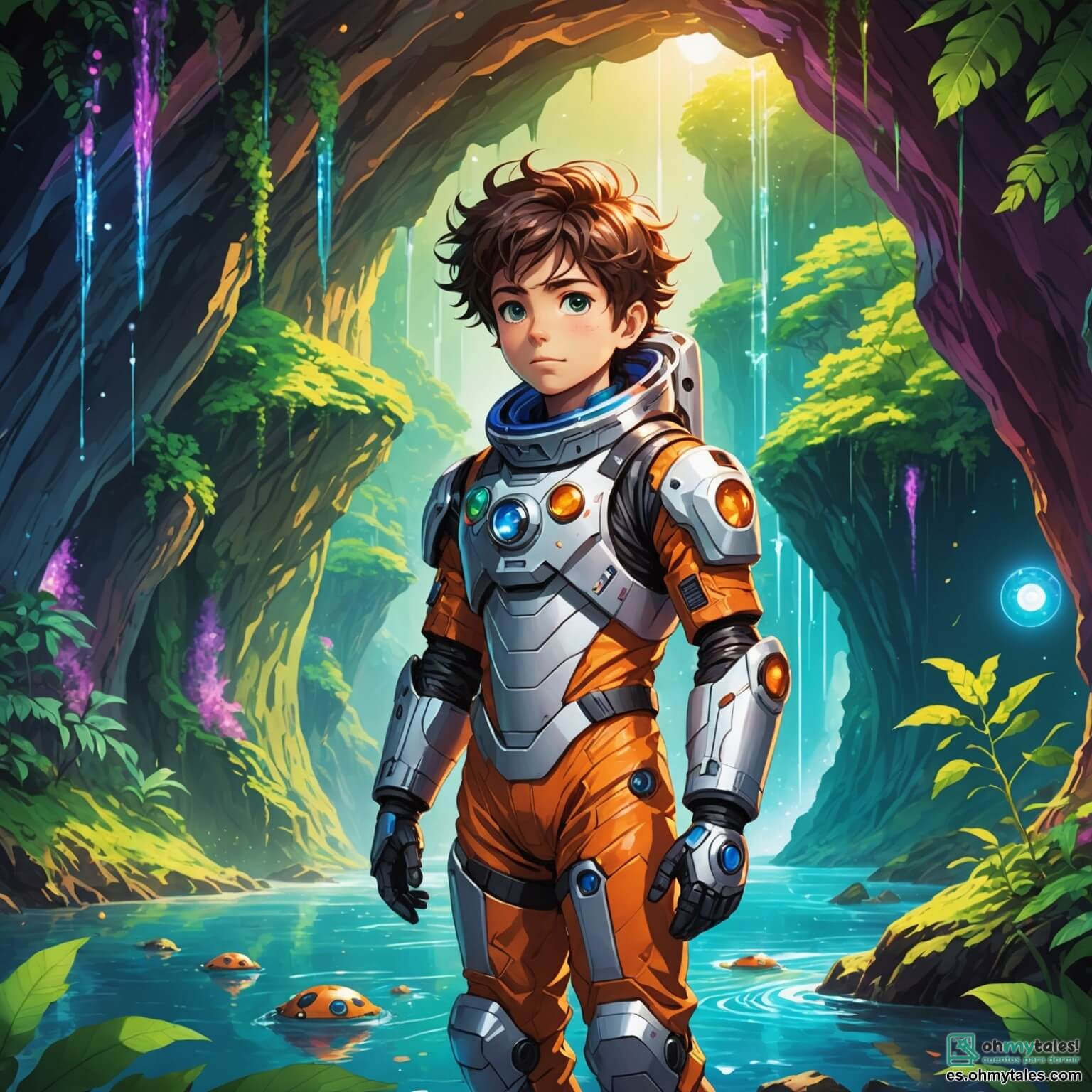 Une illustration destinée aux enfants représentant un jeune homme intrépide aux cheveux ébouriffés, vêtu d'une combinaison spatiale brillante, qui se trouve dans une magnifique et colorée caverne sur le planète Zorbania, où des arbres aux teintes éclatantes et des rivières scintillantes l'entourent, tandis qu'un petit robot aux yeux pétillants, son fidèle compagnon, l'encourage à trouver un remède pour les créatures extraterrestres malades.
