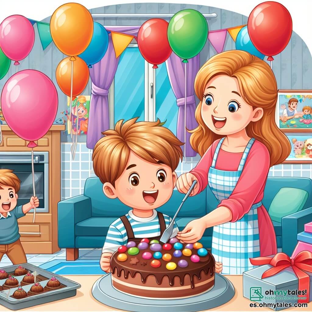 Une illustration destinée aux enfants représentant un petit garçon plein d'enthousiasme préparant une fête surprise pour son papa, aidé par sa maman, dans un salon coloré et joyeux rempli de ballons et d'une délicieuse odeur de gâteau au chocolat qui sort du four.