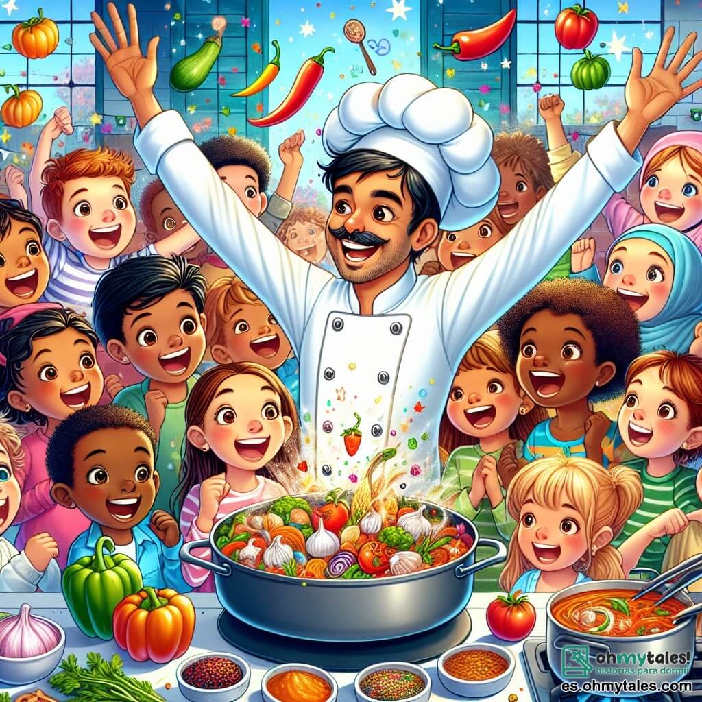 Une illustration destinée aux enfants représentant un chef cuisinier passionné préparant un festin pour un groupe d'enfants émerveillés, dans une cuisine colorée et animée remplie de casseroles bouillonnantes, d'épices étincelantes et de légumes dansant joyeusement.