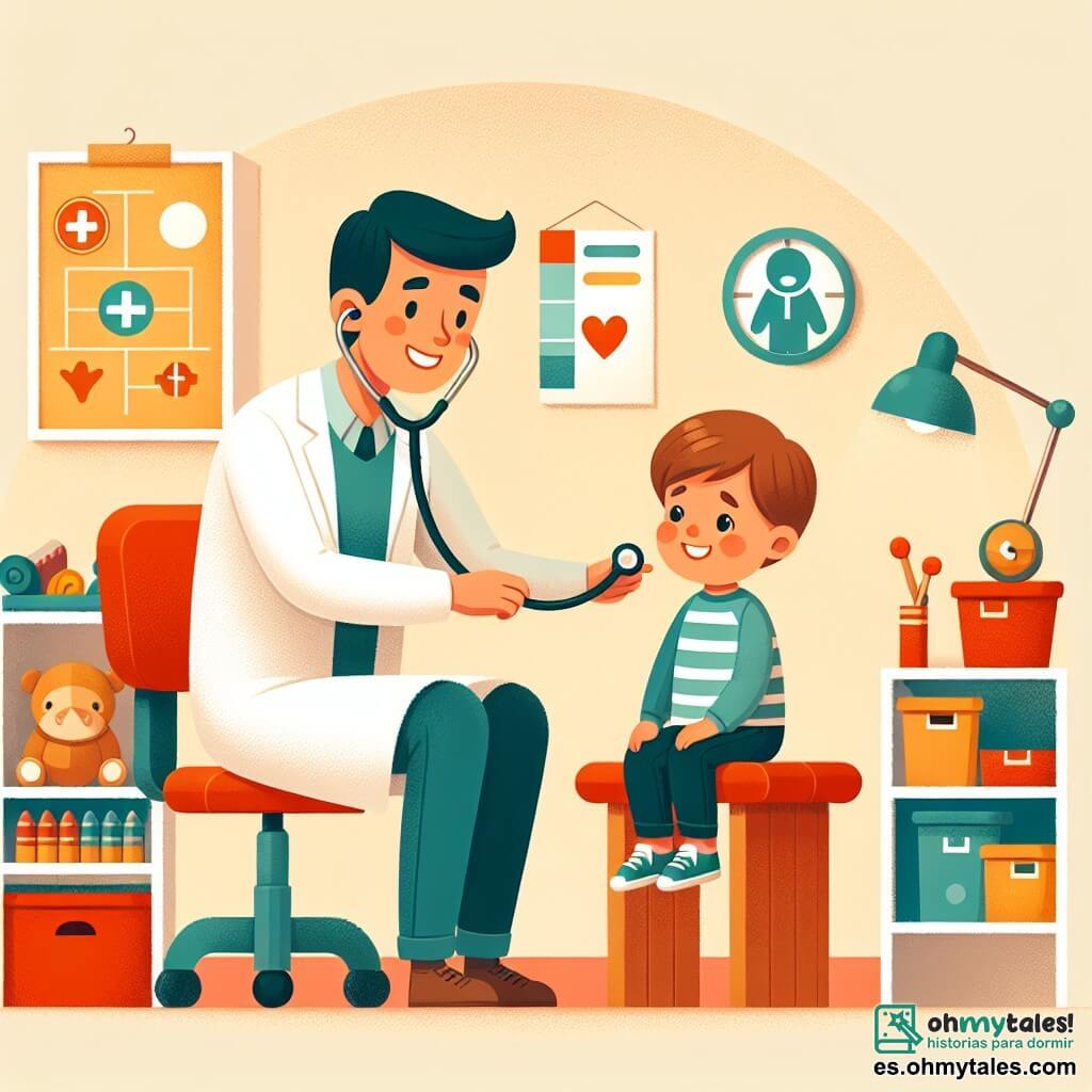 Une illustration destinée aux enfants représentant un gentil médecin avec une blouse blanche, un stéthoscope autour du cou, examinant un petit garçon souriant assis sur une chaise en bois dans une salle de consultation chaleureuse et colorée avec des jouets et des affiches éducatives accrochées aux murs.