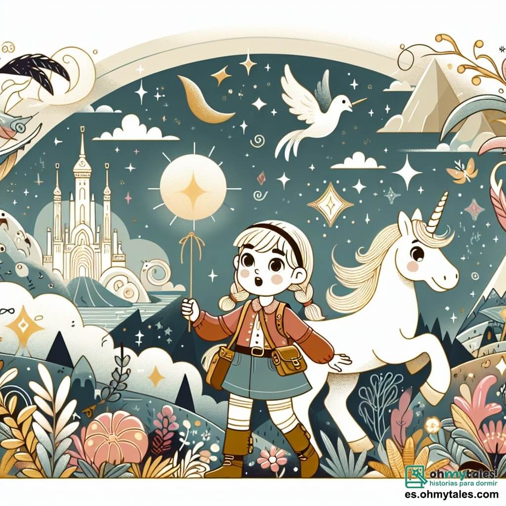 Une illustration destinée aux enfants représentant une jeune fille curieuse et aventurière, accompagnée d'un majestueux unicornio blanc, explorant le misterioso Reino de las Maravillas, un lieu enchanteur rempli de criaturas magiques et de paysages féeriques.